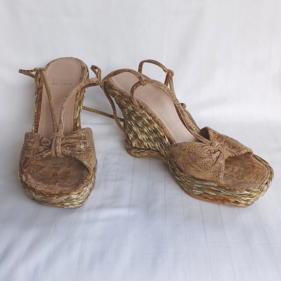 Stuart Weitzman Metallic Gold Espardrille Ankle Wrap Wedges- Sz. 7 - Picture 13 of 13